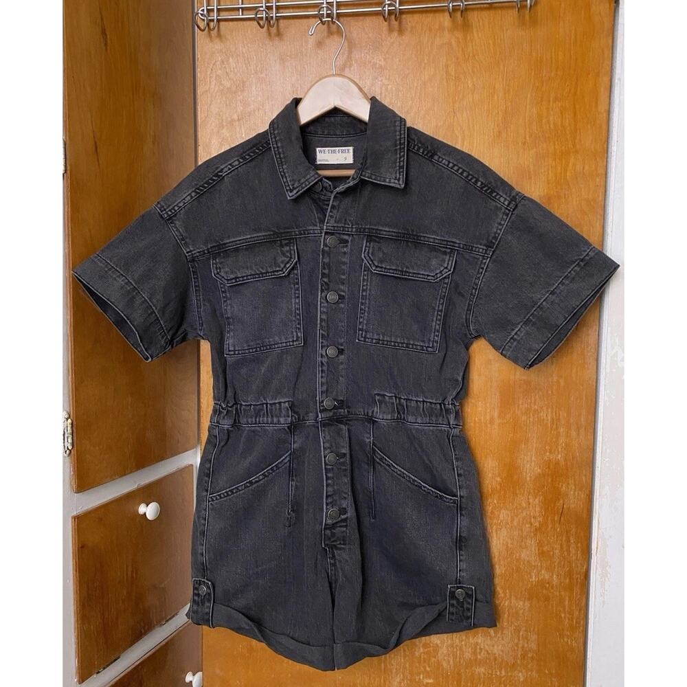 Free People We The Free Marci Cuffed Shortall Button-Front Denim Romper Size S